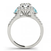Diamond Halo w/ Aquamarine Pear Ring 14k White Gold 0.91ct