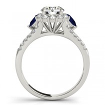 Diamond Halo w/ Blue Sapphire Pear Ring 18k White Gold 0.91ct