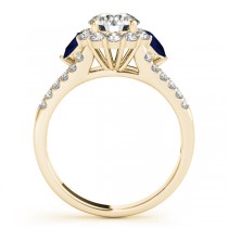 Diamond Halo w/ Blue Sapphire Pear Ring 18k Yellow Gold 0.91ct