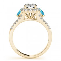 Diamond Halo w/ Blue Topaz Pear Ring 14k Yellow Gold 0.91ct
