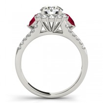 Diamond Halo w/ Ruby Pear Ring 18k White Gold 0.91ct