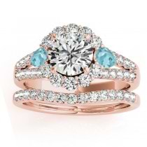 Diamond Halo w/ Aquamarine Pear Bridal Set 14k Rose Gold 1.17ct