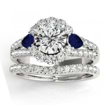 Diamond Halo w/ Blue Sapphire Pear Bridal Set Palladium 1.17ct