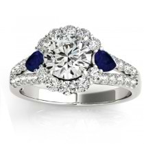Diamond Halo w/ Blue Sapphire Pear Bridal Set Palladium 1.17ct