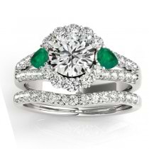 Diamond Halo w/ Emerald Pear Bridal Set 14k White Gold 1.17ct