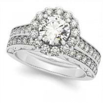 Diamond Halo Bridal Set w/ Flower Ring & Band 14k White Gold (1.33ct)