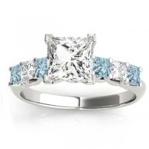 Princess Diamond & Aquamarine Engagement Ring 18k White Gold 0.60ct