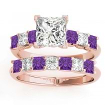 Princess cut Diamond & Amethyst Bridal Set 14k Rose Gold 1.30ct