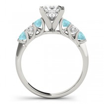 Princess cut Diamond & Aquamarine Bridal Set 14k White Gold 1.30ct