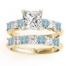 Princess cut Diamond & Aquamarine Bridal Set 14k Yellow Gold 1.30ct