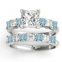 Princess cut Diamond & Aquamarine Bridal Set 18k White Gold 1.30ct