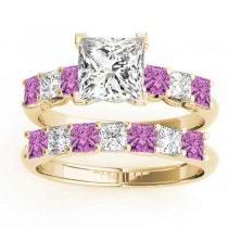 Princess cut Diamond & Pink Sapphire Bridal Set 14k Yellow Gold 1.30ct