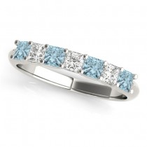 Diamond & Aquamarine Princess Wedding Band Ring 18k White Gold 0.70ct