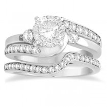 Diamond Swirl Engagement Ring & Band Bridal Set 14k White Gold 0.58ct