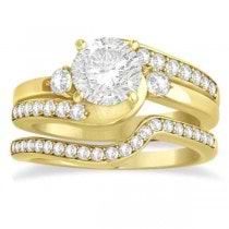 Diamond Swirl Engagement Ring & Band Bridal Set 14k Yellow Gold 0.58ct