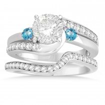 Blue Topaz & Diamond Swirl Engagement Ring & Band Bridal Set 14k White Gold 0.58ct