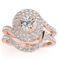Diamond Double Halo Engagement Ring & Wedding Band 18k Rose Gold 1.13ct