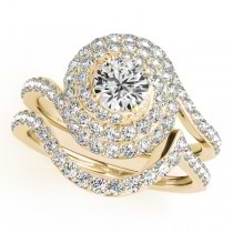 Diamond Double Halo Engagement Ring & Wedding Band 18k Yellow Gold 1.13ct