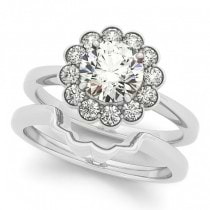 Diamond Floral Halo Engagement Ring Bridal Set 14k White Gold (1.33ct)