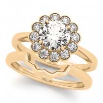Diamond Floral Halo Engagement Ring Bridal Set 18k Yellow Gold (1.33ct)