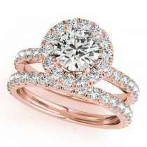 French Pave Halo Diamond Bridal Ring Set 18k Rose Gold (1.45ct)