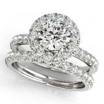 French Pave Halo Diamond Bridal Ring Set Platinum (1.45ct)