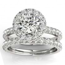 French Pave Halo Diamond Bridal Ring Set 18k White Gold (1.20ct)