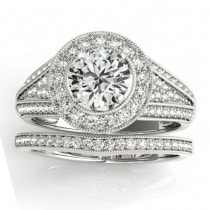 Halo Split Shank Diamond Accented Bridal Set in 14k White Gold 0.75ct
