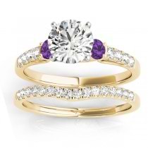 Diamond & Amethyst Three Stone Bridal Set Ring 18k Yellow Gold (0.55ct)