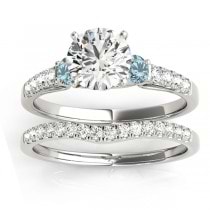 Diamond & Aquamarine Three Stone Bridal Set Ring Setting Palladium (0.55ct)