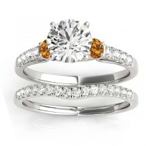 Diamond & Citrine Three Stone Bridal Set Ring 14k White Gold (0.55ct)