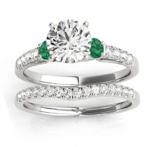 Diamond & Emerald Three Stone Bridal Set Ring 18k White Gold (0.55ct)