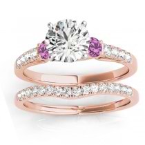 Diamond & Pink Sapphire Three Stone Bridal Set Ring 14k Rose Gold (0.55ct)