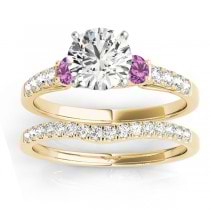 Diamond & Pink Sapphire Three Stone Bridal Set Ring 18k Yellow Gold (0.55ct)