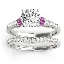 Diamond & Pink Sapphire Three Stone Bridal Set Ring Setting Platinum (0.55ct)