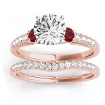 Diamond & Ruby Three Stone Bridal Set Ring 14k Rose Gold (0.55ct)