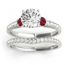 Diamond & Ruby Three Stone Bridal Set Ring Setting Palladium (0.55ct)