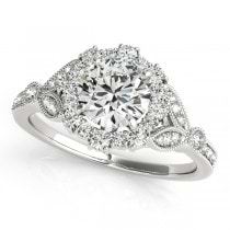 Halo Diamond Floral Engagement Ring Side Stones 14k White Gold 0.98ct