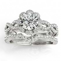 Halo Diamond Engagement & Wedding Rings Bridal Set 18k W. Gold 0.83ct