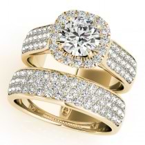 Three Row Halo Diamond Engagement Ring Bridal Set 14k Y. Gold (2.38ct)