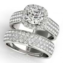 Three Row Halo Diamond Engagement Ring Bridal Set 18k W. Gold (2.38ct)