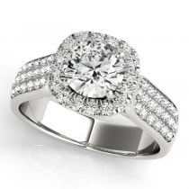 Three Row Halo Diamond Engagement Ring Bridal Set 18k W. Gold (2.38ct)
