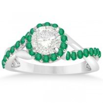 Twisted Shank Halo Emerald Engagement Ring Setting 14k W Gold 0.30ct