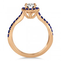 Twisted Shank Halo Blue Sapphire Bridal Set Setting 14k R. Gold 0.50ct