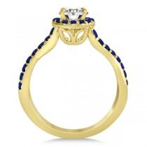 Twisted Shank Halo Blue Sapphire Bridal Set Setting 14k Y. Gold 0.50ct