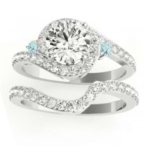 Halo Swirl Aquamarine & Diamond Bridal Set 14k White Gold (0.77ct)