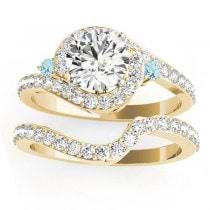 Halo Swirl Aquamarine & Diamond Bridal Set 14k Yellow Gold (0.77ct)