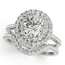 Double Halo Diamond Ring & Band Bridal Set 14k White Gold 1.55ct
