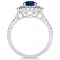 Double Halo Round Blue Sapphire Engagement Ring 14k White Gold 1.42ct