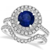 Double Halo Blue Sapphire Ring & Band Bridal Set 14k White Gold 1.59ct